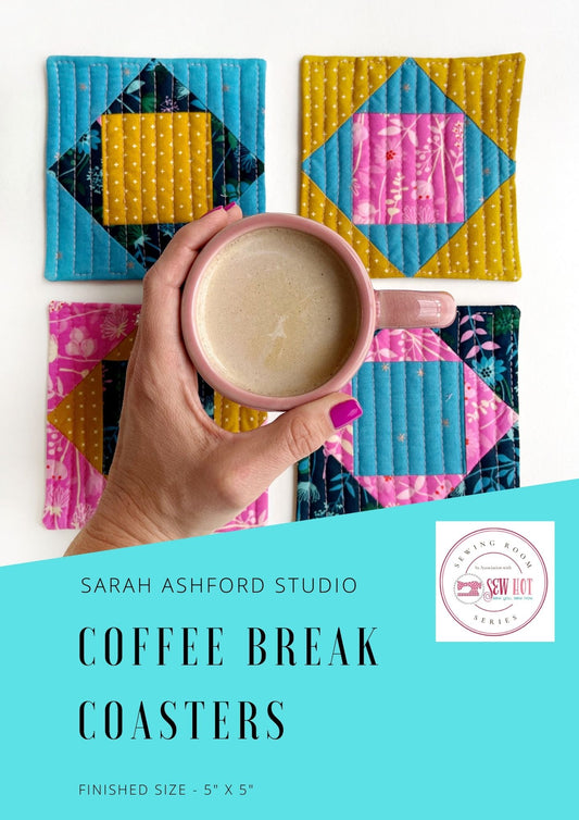 Sewing pattern. A set of 4 pretty patchwork coasters, in dark blue, mustard, light blue and pink.  There is a cup of coffee in the middle with a hand around it.