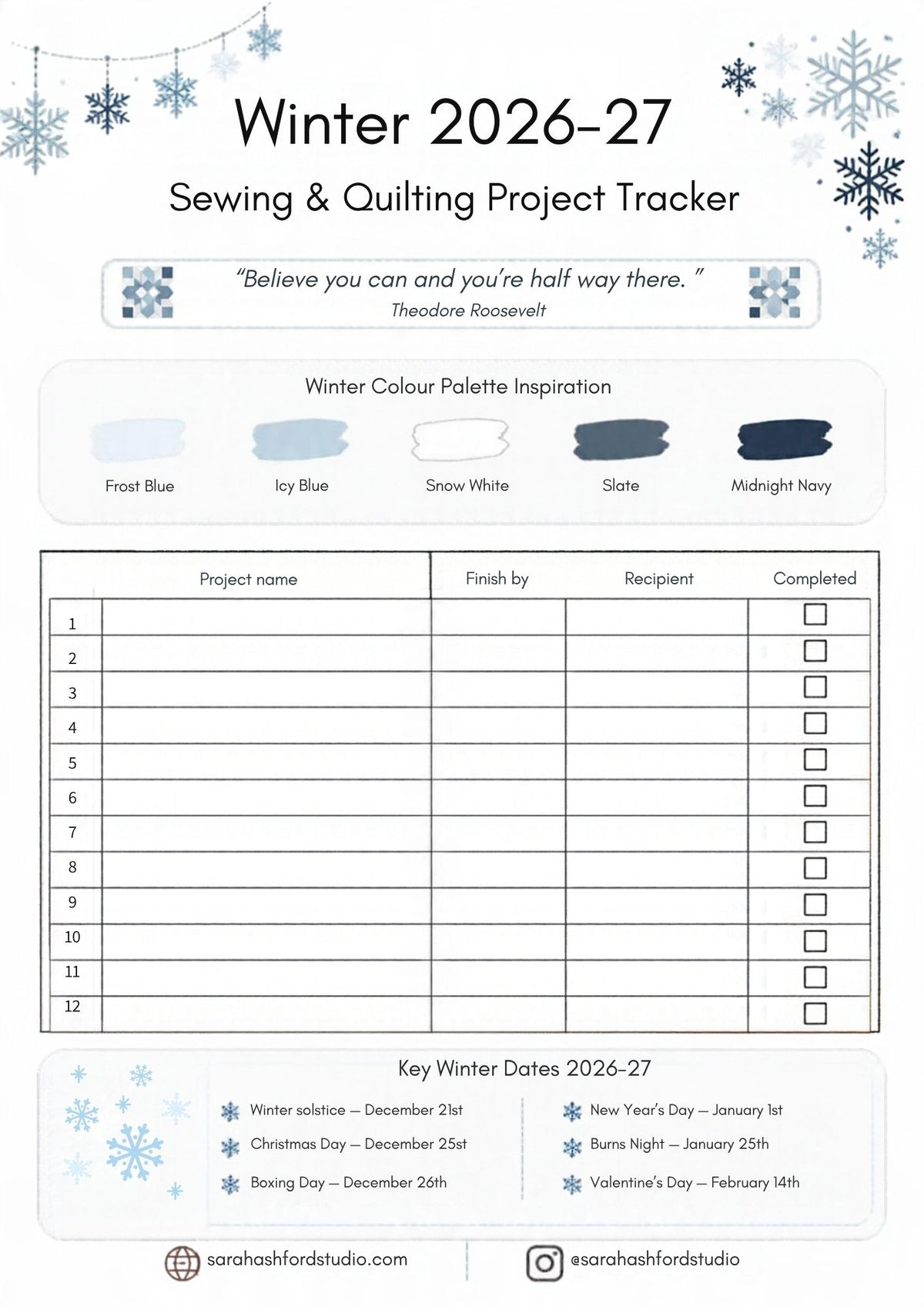 UK 4 Seasons Printable Sewing and Quilting Project Planner A4 PDF