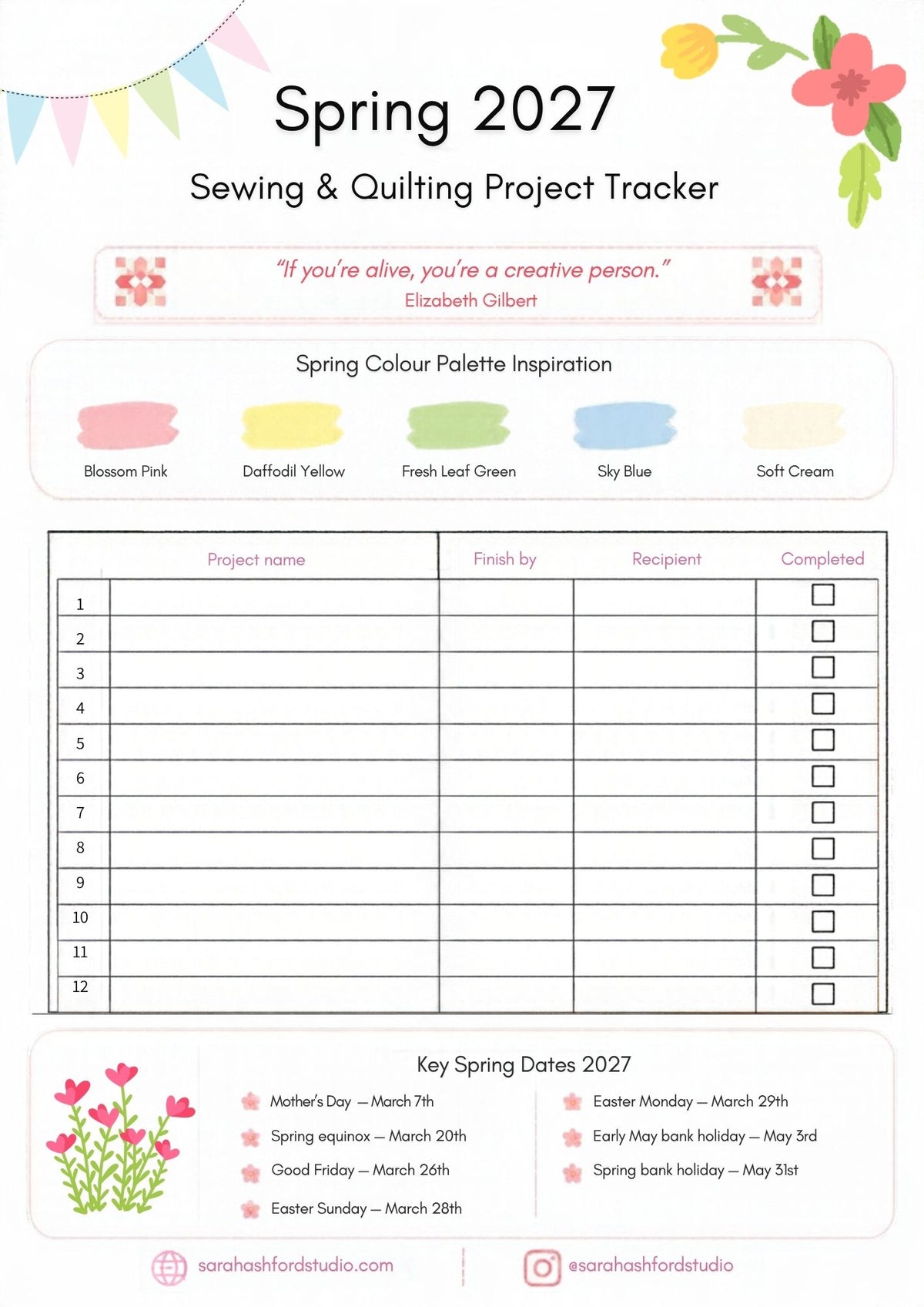 UK 4 Seasons Printable Sewing and Quilting Project Planner A4 PDF