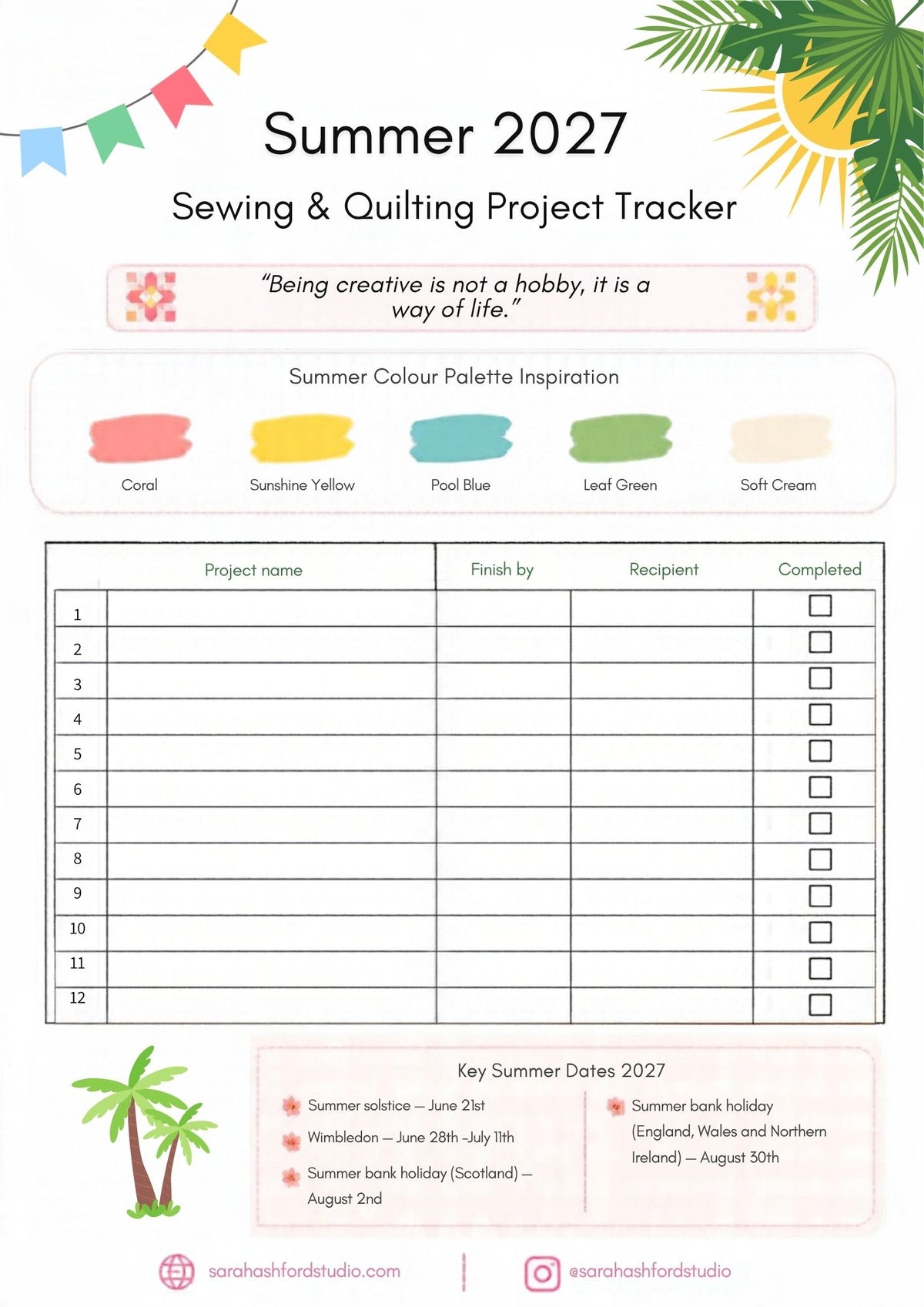 UK 4 Seasons Printable Sewing and Quilting Project Planner A4 PDF