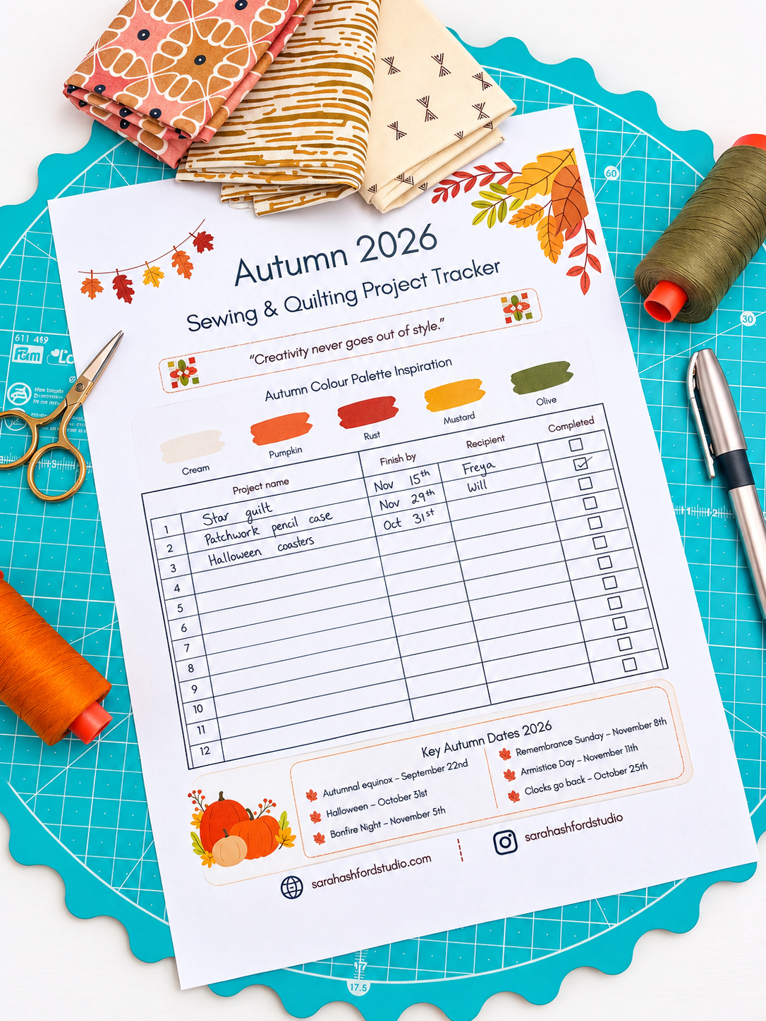 UK 4 Seasons Printable Sewing and Quilting Project Planner A4 PDF