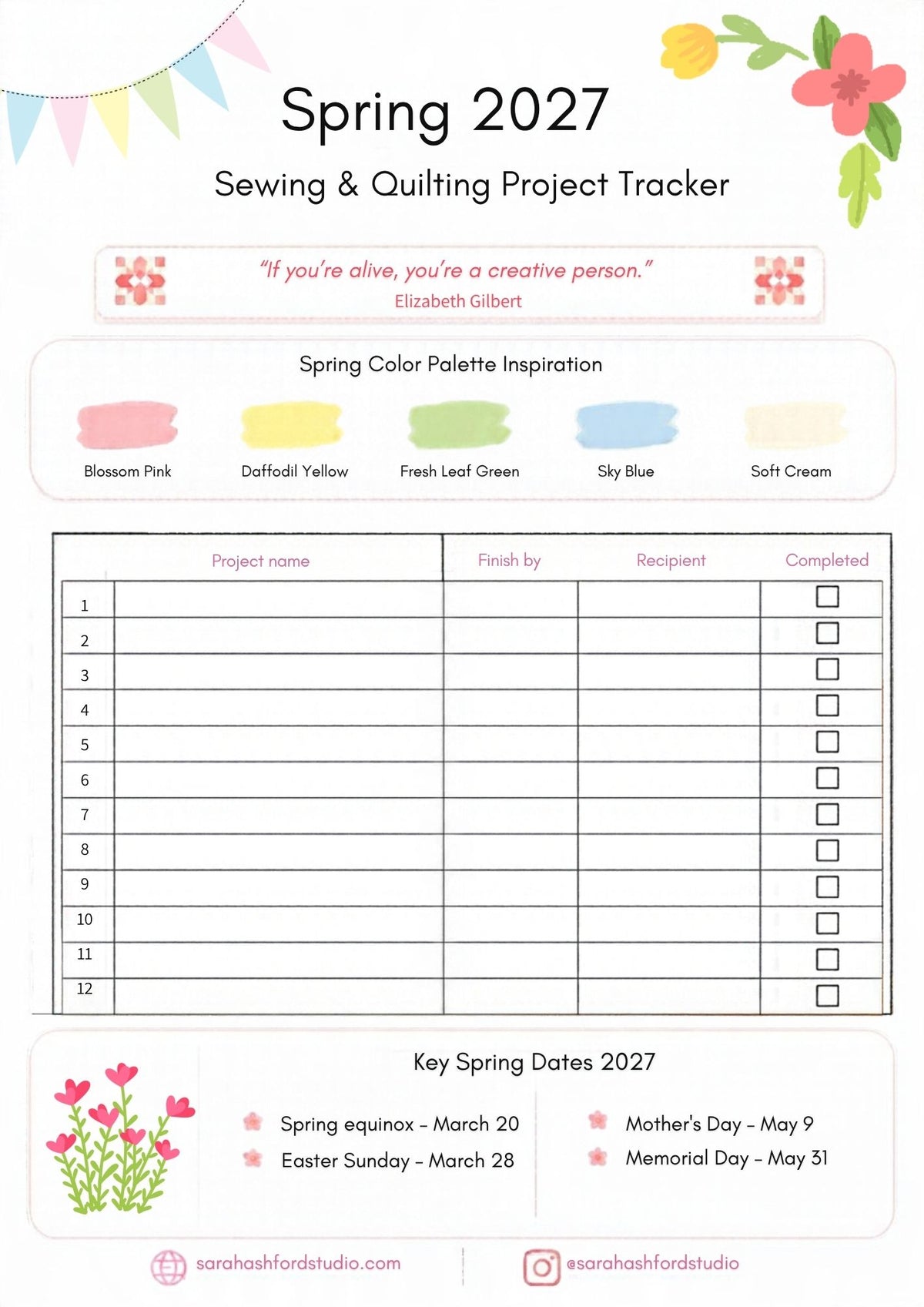US 4 Seasons FILLABLE Sewing and Quilting Project Planner PDF