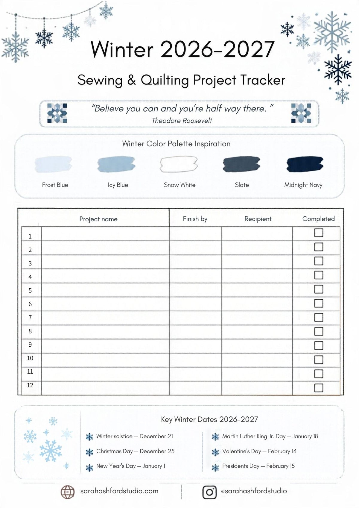 US 4 Seasons PRINTABLE Sewing and Quilting Project Planner PDF