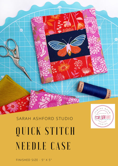 Sewing pattern. A needle case with a moth in the centre of the front sits on a cutting mat, along with some fabric, scissors and Aurifil thread. 
