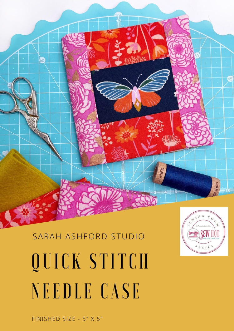 Sewing pattern. A needle case with a moth in the centre of the front sits on a cutting mat, along with some fabric, scissors and Aurifil thread. 